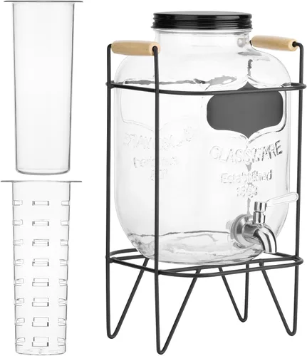 Vista 8 de Navaris Dispensador de bebidas en tarro de vidrio con grifo, incluye soporte de metal, tubo de hielo e infusor de frutas, para cóctel, limonada