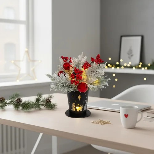 Vista 7 de Centro de Mesa Navideño Iluminado en Maceta de Metal con Temporizador, Escena del Nacimiento Navideño en Base de Metal Negro con Ornamento de Piñas