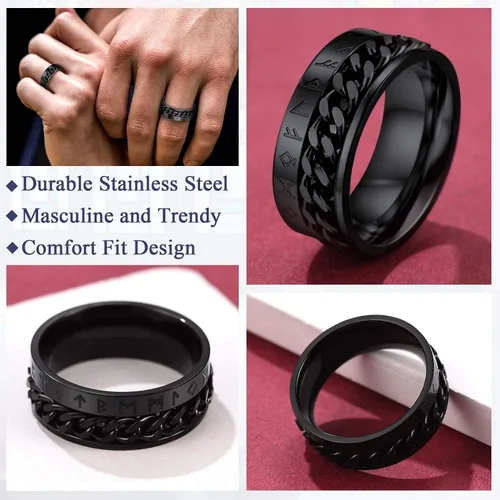 Vista 4 de FaithHeart Anillo giratorio nórdico vikingo con runas de acero inoxidable chapado en oro para hombres y mujeres, puede grabar personalizado