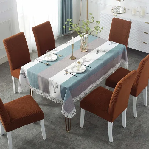 Vista 2 de Mantel rectangular de algodón y lino a prueba de polvo, lavable, resistente a las arrugas, juego de funda de silla elástica para la cocina, comedor