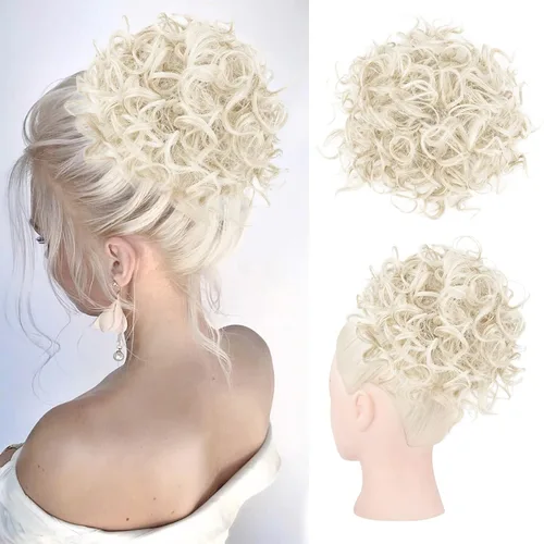 Vista 18 de HOOJIH - Moño desordenado para el pelo, pieza de pelo con cordón elástico, onda suelta, gran moño rizado, corto, extensión de cola de caballo Negro