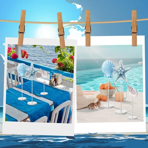 Vista 7 de Gerrii 3 piezas de decoración de mesa de océano de verano, Navidad, estrella de mar, concha, concha, decoración de mesa de madera, letrero de centro