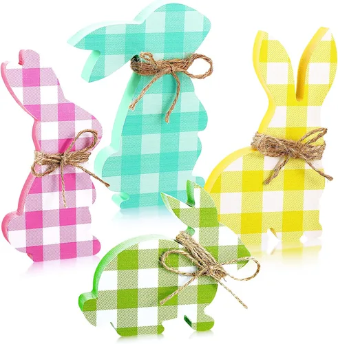Vista 13 de 4 piezas de decoración de mesa de conejo de Pascua, letreros de madera con cuerda, decoración de conejo de primavera, decoración de bandeja