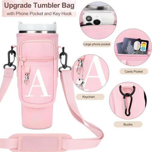 Vista 7 de Soporte para botella de agua con inicial para vaso Stanley Cup de 40 onzas, bolsa de transporte para botella de agua con correa para Stanley Simple