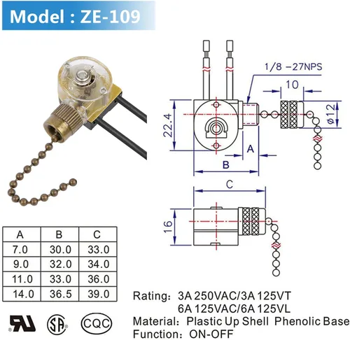 Vista 6 de Interruptor de control de velocidad de repuesto, paquete de 2 interruptores de ventilador de techo Zing Ear ZE-109, interruptor de cadena