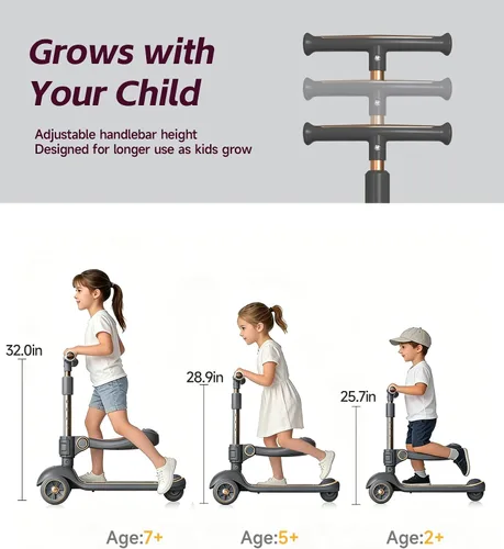 Vista 5 de 2-in-1 Toddler Scooter with Seat, First Scooter for Kids Ages 2–5, Sit-to-Stand Training Scooter, 3 Wheel Lean-to-Steer, Adjustable Handlebars
