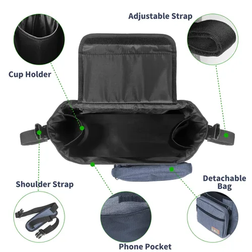 Vista 6 de Homlynn Organizador universal para cochecito, bolsa de almacenamiento grande con portavasos y correas de hombro y bolsillo desmontable, carrito