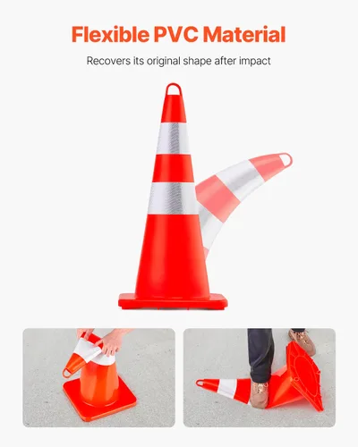 Vista 4 de VEVOR Conos de seguridad, 10 conos de tráfico de 28 pulgadas, conos de construcción naranja de PVC, 2 collares reflectantes con base pesada y anillo