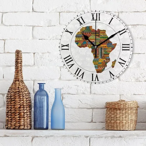 Vista 3 de ALAZA - Reloj de pared redondo con mapa étnico de África, silencioso, sin tictac, pintura al óleo para el hogar, oficina, escuela, arte decorativo
