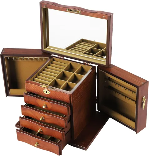 Vista 11 de Wooden Jewelry Box for Women 3-Tier Jewelry Organizer Box Dark Brown