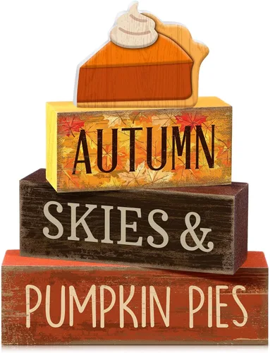 Vista 13 de Lineshading 4 piezas de decoración de mesa de Halloween espeluznante café apilado, decoración de bloques apilados de madera, letreros con tapa