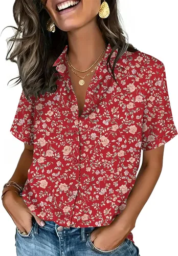 Vista 27 de Zeagoo Camisas con botones para mujer, de manga corta, cuello en V, elegantes y casuales