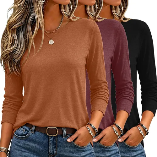 Vista 16 de Zeagoo Paquete de 3 camisetas de manga larga para mujer, estilo casual, suave, cuello redondo, básicas, ropa de otoño Z Rayas Azul 273