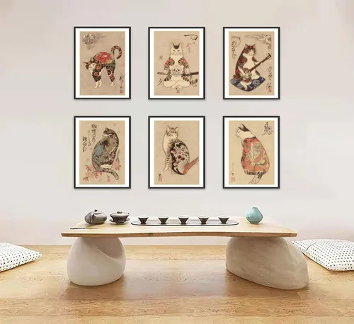 Vista 6 de 6 piezas de arte de pared de gato samurái japonés de carteles de decoración de bushido de Japón, pinturas de Kung Fu tatuajes divertidos de fantasía