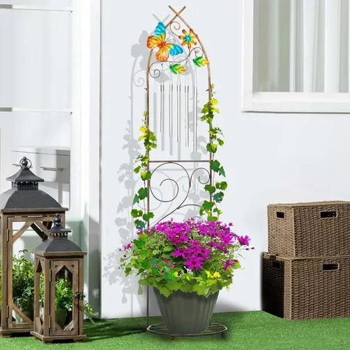 Vista 6 de Enrejado de jardín con soportes para plantas, enrejado desmontable de metal de 48 pulgadas para maceta con diseño de mariposa con campanillas