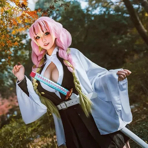Vista 4 de BYOOTI Peluca de cosplay de anime Kanroji Mitsuri para personajes de Kimetsu no Yaiba, peluca larga trenzada Lolita verde y rosa con gorra de peluca