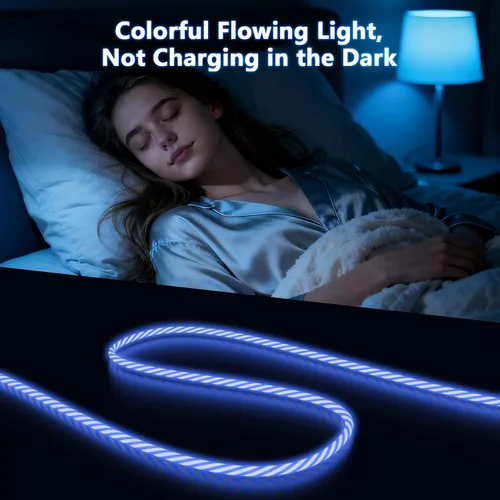 Vista 5 de Cable de carga con luz LED que fluye 3 en 1 Lightning/Type C/Micro USB brillante para automóvil para iPhone, cable de carga para automóvil azul