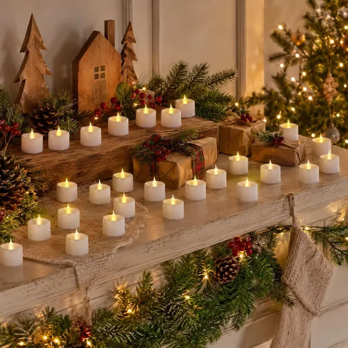 Vista 6 de Paquete de 24 velas de té LED con control remoto, velas sin llama, funciona con pilas, parpadeo blanco cálido, de larga duración para decoración