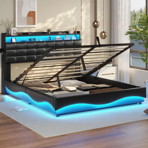Vista 9 de ADORNEVE Marco de Cama Individual con Almacenamiento Elevable con Estación de Carga Tipo C y Cabecera con Almacenamiento Oculto, Cama de Plataforma