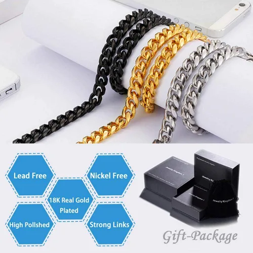 Vista 5 de Jewelry Kingdom 1 Collar o pulsera de eslabones cubanos de oro para hombre de 0591in acero inoxidable de 18 quilates grueso y grueso cadena