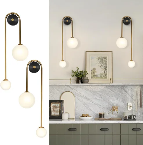 Vista 10 de Lámpara de Pared Moderna con Globo de Vidrio de 2 Luces, Aplique de Pared de Latón Doblemente Cepillado, Iluminación de Mediados de Siglo, Lámpara
