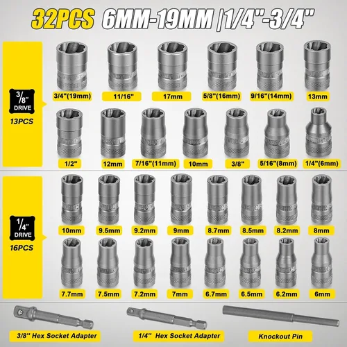 Vista 3 de Topec - Juego de 32 piezas de extractor de pernos, juego de extractor de pernos pelados, removedor de pernos redondeados de 6mm-19mm (1/4" a 3/4")