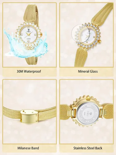 Vista 5 de Women's Gold Watch Crystal Bezel Mesh Band Mother of Pearl Dial