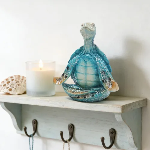 Vista 6 de Hodao Figura de tortuga de yoga, meditación, escultura de tortuga marina para decoración del hogar del océano costero, regalo zen relajante