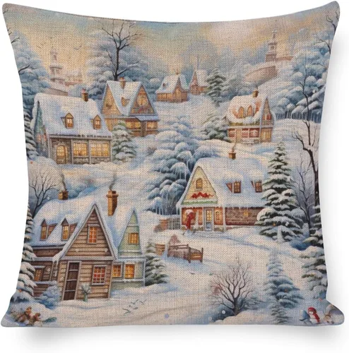 Vista 8 de Fundas de almohada de 16 x 16 pulgadas, diseño de pueblo de invierno, decoración de Navidad, para sofá, sala de estar, dormitorio