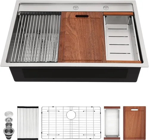 Vista 21 de Sarlai - Fregadero de cocina de cascada de 31 pulgadas, de montaje superior - 31x20 Fregadero de cocina con borde y estación de trabajo, de acero