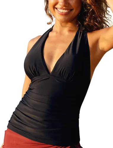 Vista 2 de Hilor - Parte superior de tankini para natación, con cuello profundo en V y halter, drapeado, para mujer