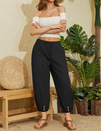 Vista 2 de Pantalones capri casuales con cordón elástico de cintura alta, holgados, pierna ancha, pantalones recortados para mujer de verano