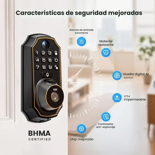 Vista 3 de YHV Cerrojo inteligente con cámara, cerradura WiFi de huella digital para puerta delantera