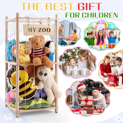 Vista 6 de GLDZI Almacenamiento de Animales de Peluche Zoo, Organizador de Animales de Peluche de Madera con Cuerdas Elásticas para Niños y Niñas, Soporte