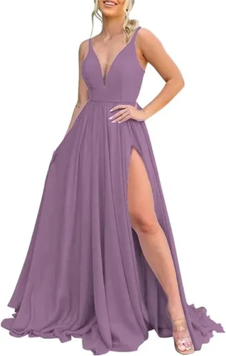 Vista 18 de Vestidos largos de dama de honor para mujer, con abertura, cuello en V, vestido de fiesta formal para boda