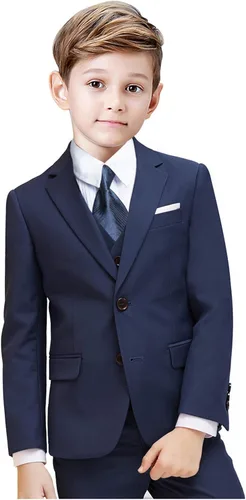 Vista 4 de Boys Suits 5 Pieces Slim Fit Blazer Pants Black Blue Outfit Suit for Wedding Set with Tie