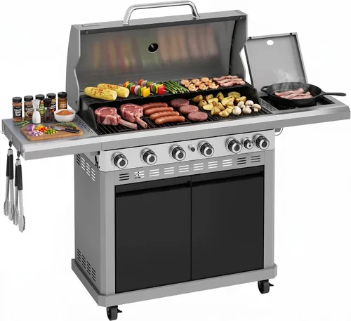 Vista 13 de MFSTUDIO - Parrilla de barbacoa a gas de 4 quemadores con quemador lateral, color negro
