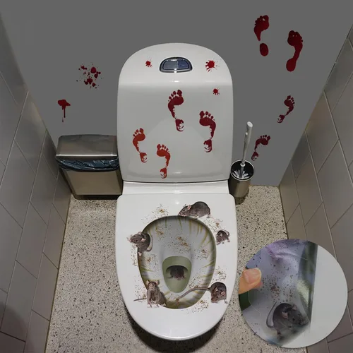 Vista 5 de Calcomanías impermeables 3D para tapa de inodoro de Halloween, calcomanías de pared horribles, póster de decoración sangrienta para fiesta temática