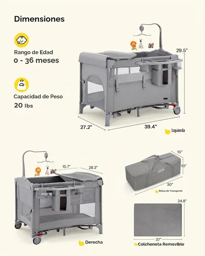 Vista 2 de HARPPA 6 en 1 Pack and Play con moisés de noche, corral plegable Gris