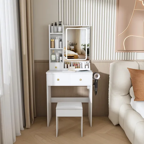 Vista 13 de Juego de Tocador Pequeño con Espejo Iluminado y Taburete, Juego de Mesa de Maquillaje Compacta con Luz - 3 Modelos de Colores, Mesa de Maquillaje