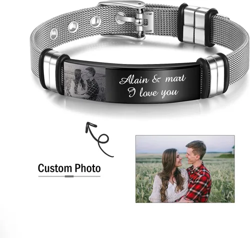 Vista 6 de Giftider Pulsera de fotos personalizada para hombres y mujeres, pulsera de fotos personalizada para él, ella, acero inoxidable, pulsera