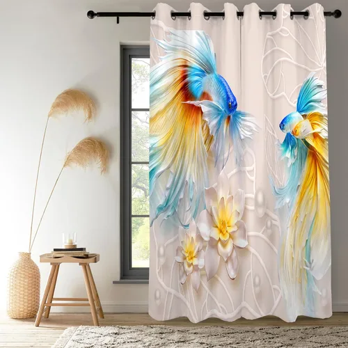 Vista 16 de Renaiss Cortinas de carpa para ventana, 29 pulgadas de ancho x 45 pulgadas de alto, pintura de tinta oriental, hojas de loto, lirio de agua negro