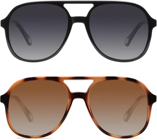Vista 10 de YDAOWKN Retro Aviator Sunglasses for Womens Mens 70s Double Bridge Sunnies 2 Tintes Negro/Gris+Negro/Amarillo