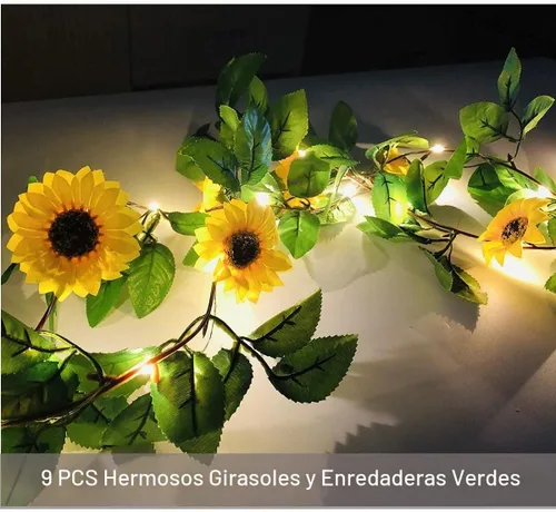 Vista 3 de Fielegen Guirnalda de 20 luces LED artificiales de girasol, vides de girasol de seda de 6.56 pies con 9 cabezas de flores, funciona