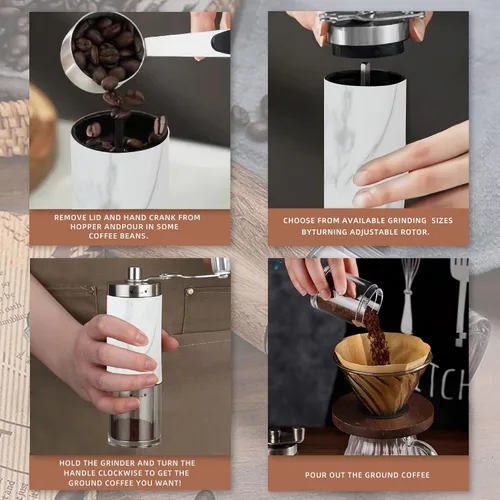 Vista 5 de Molinillo de café manual portátil y visible, molinillo de café de mano con perilla ajustable de cerámica, molinillo de café de acero inoxidable