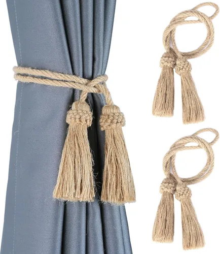 Vista 31 de Sujetadores de Cortina Hechos a Mano Decorativos Alzapaños de Cortina con Cuerda y Borla (Beige, 2P)