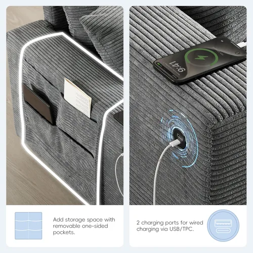 Vista 53 de Sofá modular de 103 pulgadas con 2 consolas acrílicas, juego de sofá en forma de U de gran tamaño con cargador USB, cajones de almacenamiento, Beige