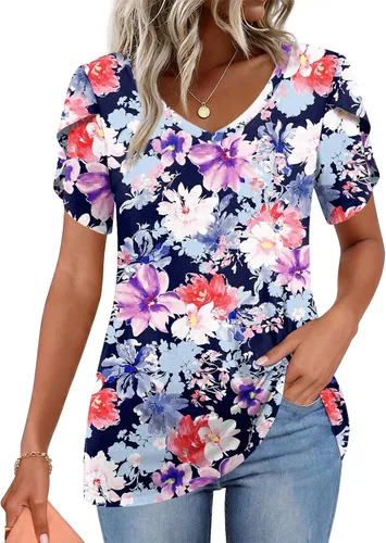 Vista 18 de CATHY 2025 - Blusas de verano para mujer, con mangas cortas, cuello en V, estilo túnica, tallas S-4XL Talla B