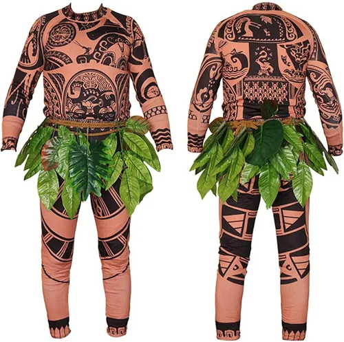 Vista 2 de Familia coincidencia de los hombres de los niños de manga larga Moana Maui tatuaje camiseta Topspantaloneshojas falda Halloween Cosplay Trajes
