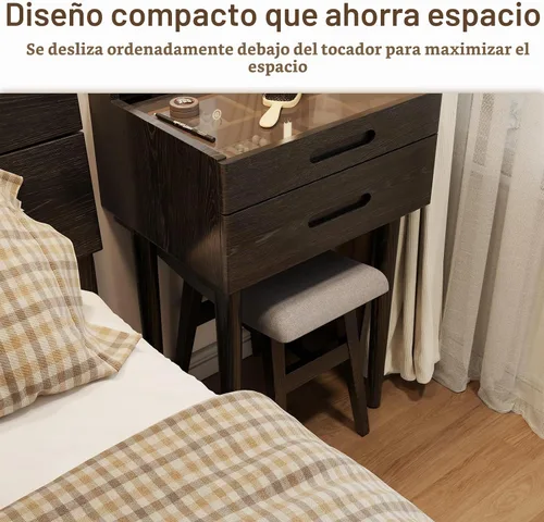 Vista 8 de Muwuele Taburete de tocador pequeño de madera maciza, silla de maquillaje compacta con cojín de sillín, asiento de esponja de alto rebote cubierto